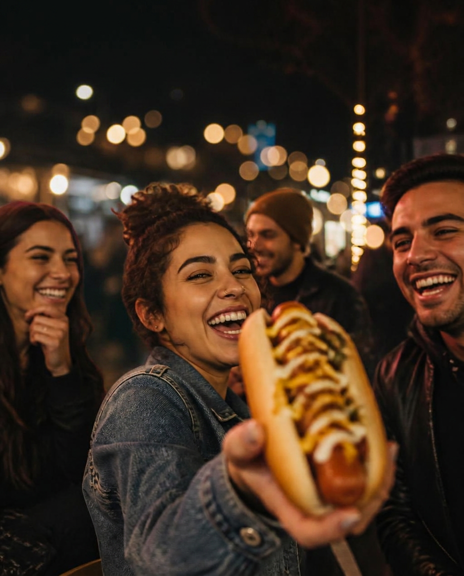 Group of friends laughing and holding up a hot dog in front of a neon food truck